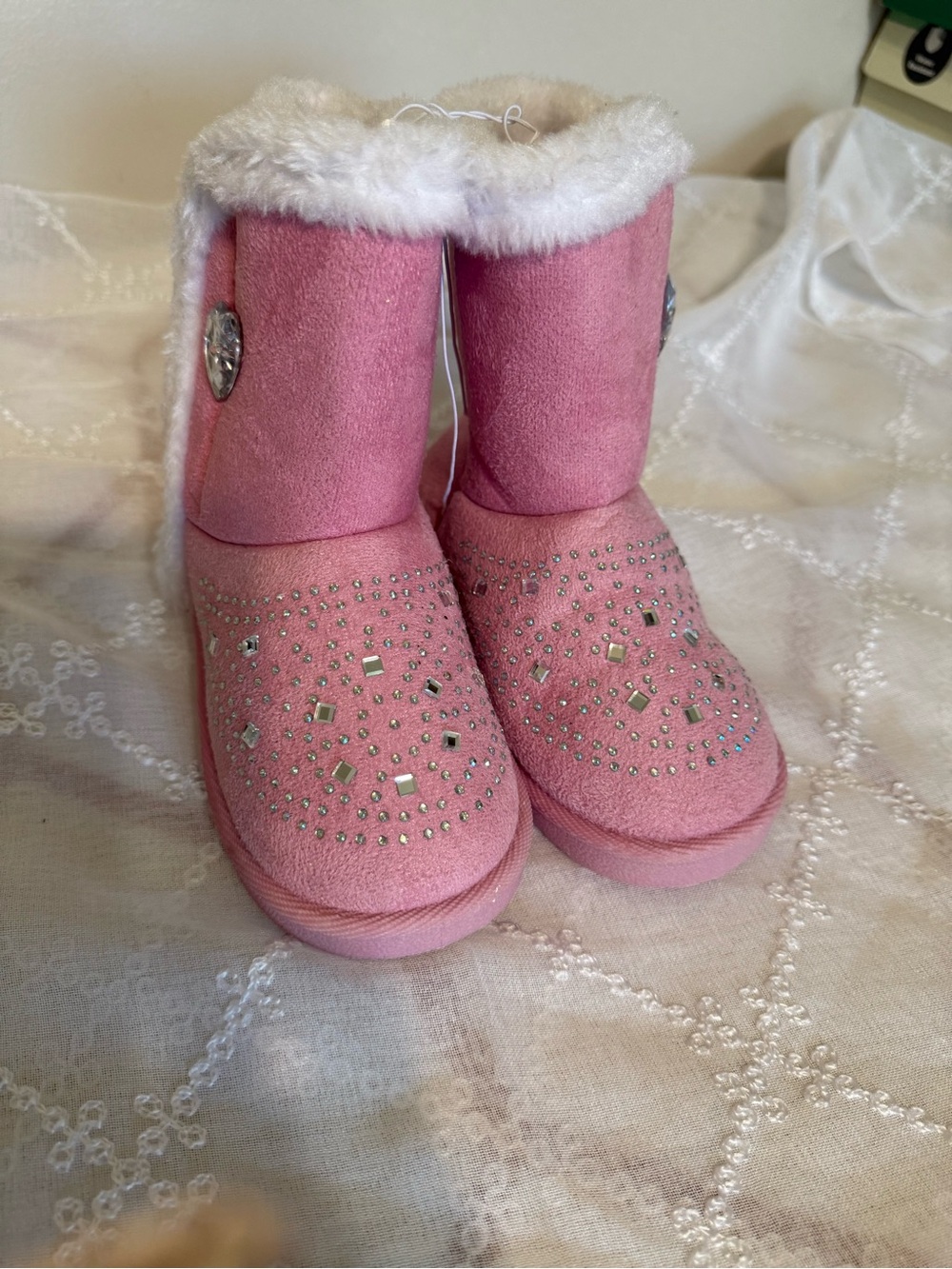 Dolls Kill Pink Faux Fur Trim Kids Boot with Rhinestone Accents